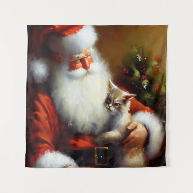 Weihnachtsmann und Katze 3 Wandteppich (Vorderseite)