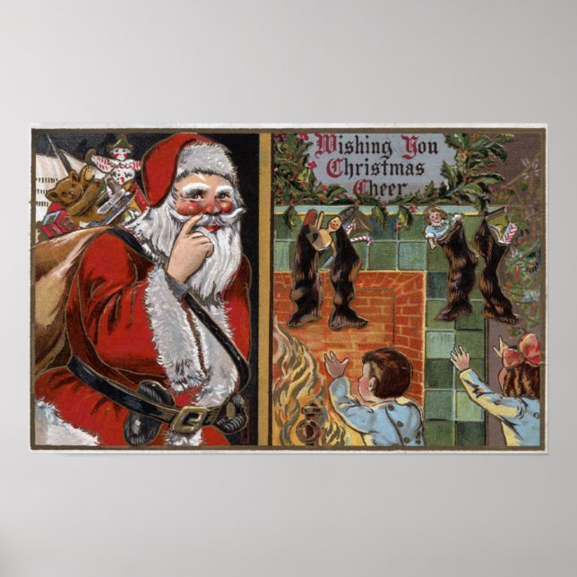 Weihnachtsmann und Kinder schauen nach Chimney Poster (Vorne)