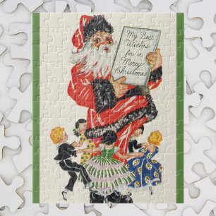 Weihnachtsmann und Kinder tanzen im Vintage-Stil Puzzle