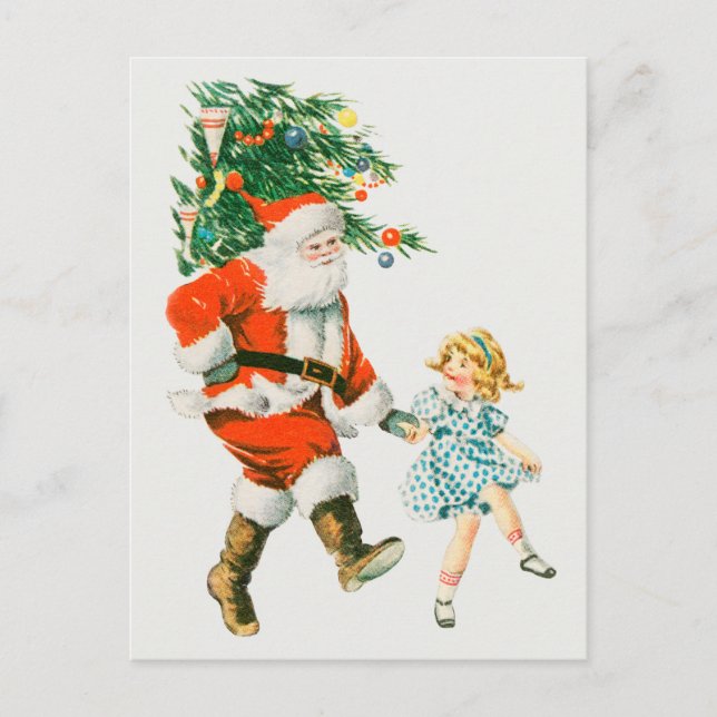 Weihnachtsmann und Kleines Mädchen Feiertagspostkarte (Vorderseite)