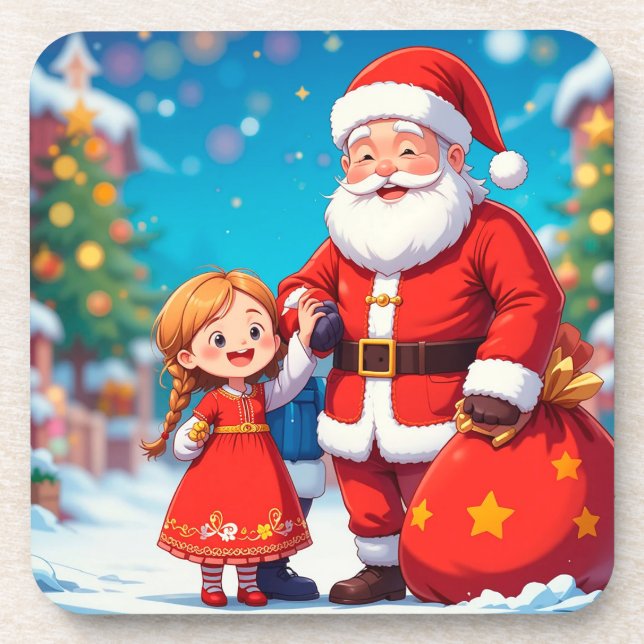 Weihnachtsmann und Mädchen mit einem Geschenkbeute Getränkeuntersetzer (Vorderseite)