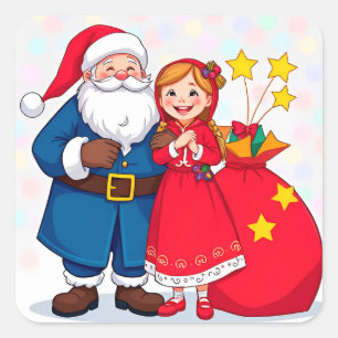 Weihnachtsmann und Mädchen mit einem Geschenkbeute Quadratischer Aufkleber
