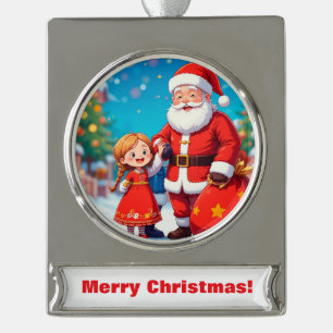 Weihnachtsmann und Mädchen mit einer Geschenktasch Banner-Ornament Silber
