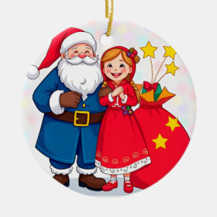 Weihnachtsmann und Mädchen mit einer Geschenktasch Keramik Ornament