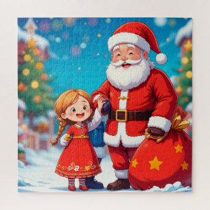 Weihnachtsmann und Mädchen mit einer Geschenktasch Puzzle