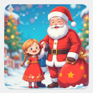 Weihnachtsmann und Mädchen mit einer Geschenktasch Quadratischer Aufkleber