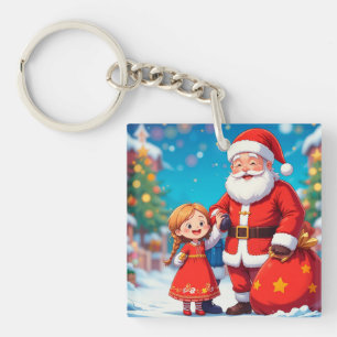 Weihnachtsmann und Mädchen mit einer Geschenktasch Schlüsselanhänger
