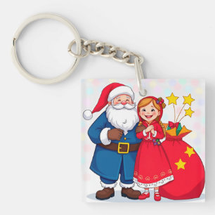 Weihnachtsmann und Mädchen mit einer Geschenktasch Schlüsselanhänger
