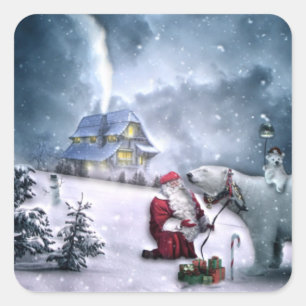 Weihnachtsmann und Polar-Bär Quadratischer Aufkleber