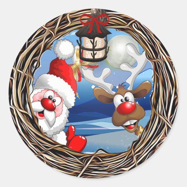 Weihnachtsmann und Reindeer Runder Aufkleber (Vorderseite)