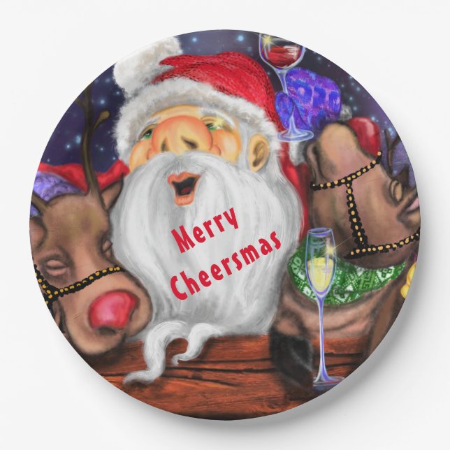 Weihnachtsmann und Reindeers Funny Christmas Paper Pappteller (Vorderseite)