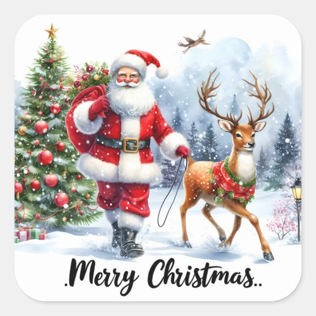 Weihnachtsmann und Rentier im Schnee Quadratischer Aufkleber (Vorderseite)