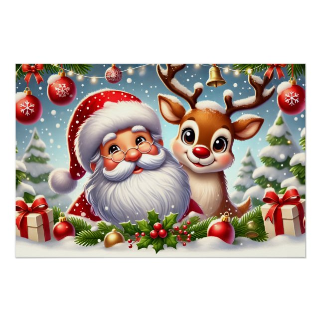 Weihnachtsmann und Rentier im SnowyChristmas Poster (Vorderseite)
