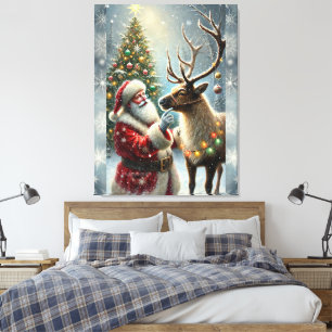 Weihnachtsmann und Rentier, Schneewald, Weihnachts Leinwanddruck