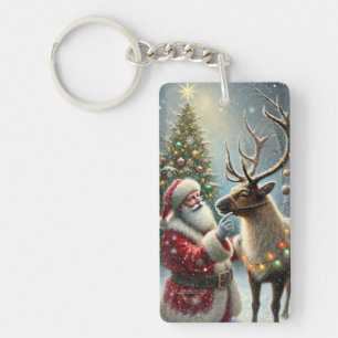 Weihnachtsmann und Rentier, Schneewald, Weihnachts Schlüsselanhänger
