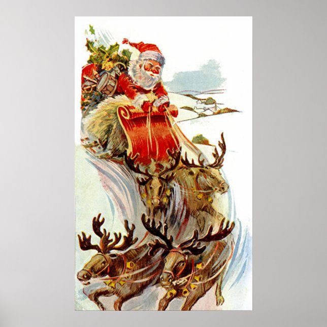 Weihnachtsmann und Rentier Sleigh Poster (Vorne)