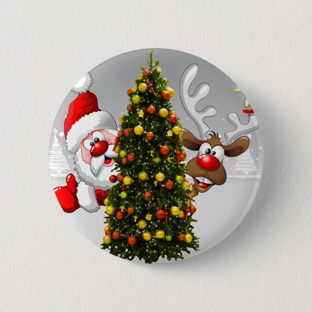 Weihnachtsmann und Rentiere hinter einem Weihnacht Button (Vorderseite)