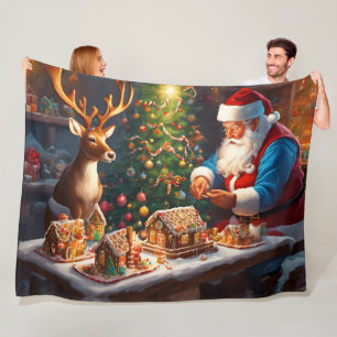Weihnachtsmann und Rentiere machen Lebkuchenhaus Fleecedecke