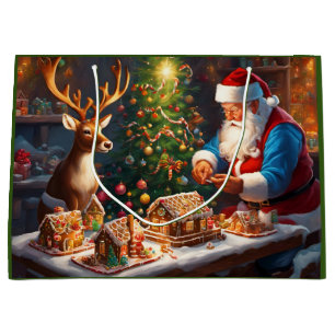 Weihnachtsmann und Rentiere machen Lebkuchenhaus Große Geschenktüte
