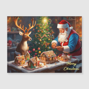 Weihnachtsmann und Rentiere machen Lebkuchenhaus Magnetkarte