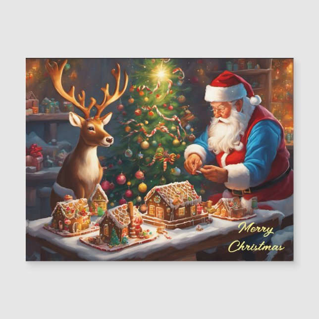 Weihnachtsmann und Rentiere machen Lebkuchenhaus Magnetkarte (Vorderseite)