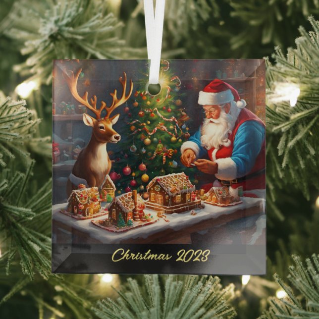 Weihnachtsmann und Rentiere machen Lebkuchenhaus Ornament Aus Glas (Insitu)