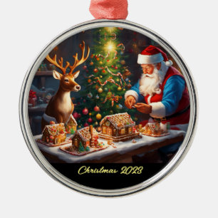 Weihnachtsmann und Rentiere machen Lebkuchenhaus Ornament Aus Metall