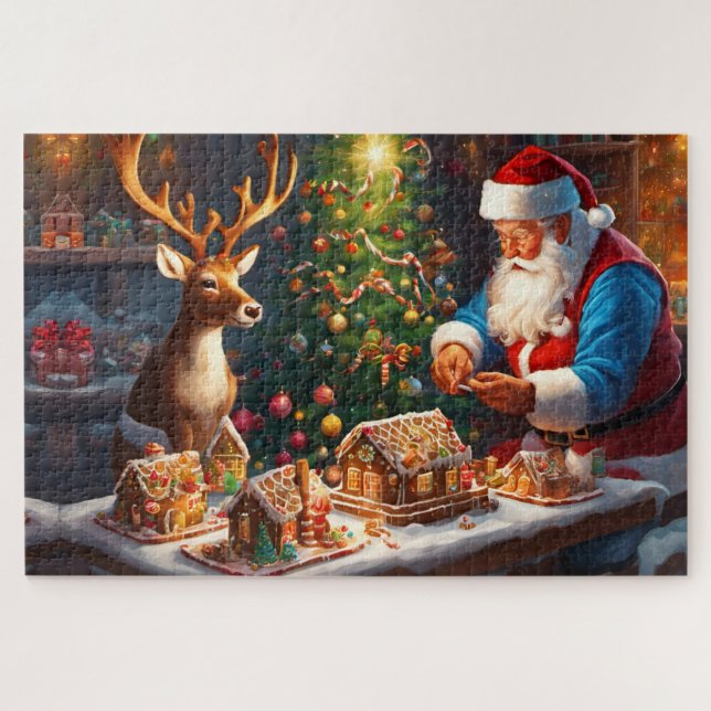 Weihnachtsmann und Rentiere machen Lebkuchenhaus Puzzle (Horizontal)
