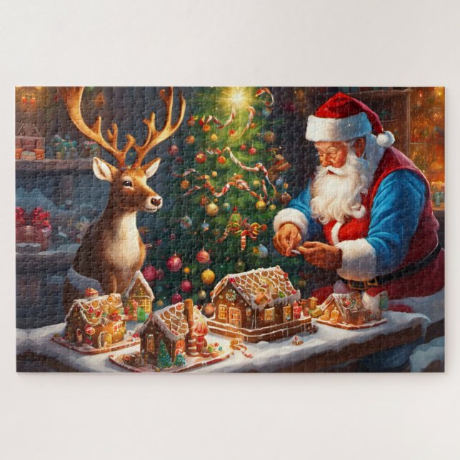Weihnachtsmann und Rentiere machen Lebkuchenhaus Puzzle (Horizontal)