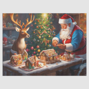 Weihnachtsmann und Rentiere machen Lebkuchenhaus Seidenpapier