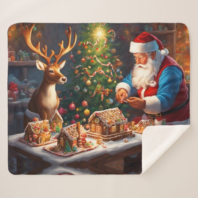 Weihnachtsmann und Rentiere machen Lebkuchenhaus Sherpadecke (Vorderseite (Horizontal))