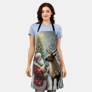 Weihnachtsmann und Rentiere, schneebedeckter Wald, Schürze