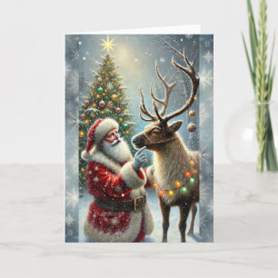 Weihnachtsmann und Rentiere, Schneewald, Weihnacht Feiertagskarte
