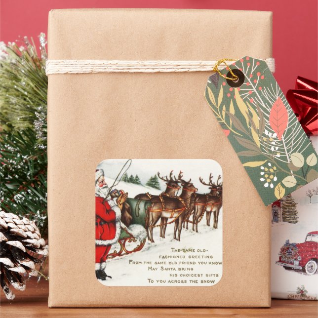 Weihnachtsmann und Rentiere Weihnachtsaufkleber Quadratischer Aufkleber (Feiertag)