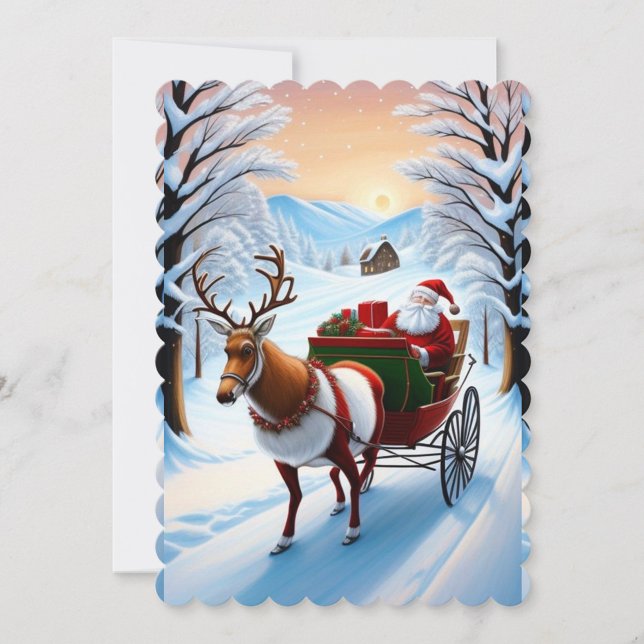 Weihnachtsmann und Rentierfliegerkarte Feiertagskarte (Santa Claus and Reindeer Sleigh and Gifts, Winter Snowfall Background )