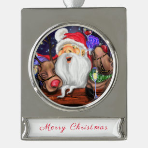 Weihnachtsmann und Rentiers Weihnachtsschmuck Banner-Ornament Silber