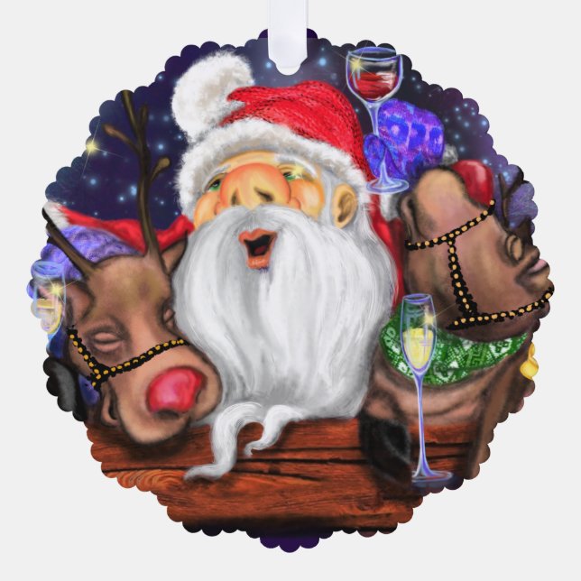 Weihnachtsmann und Rentiers Weihnachtsschmuckkarte Ornament Karte (Vorderseite)