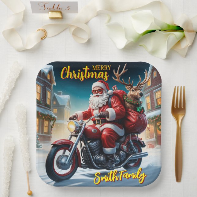 Weihnachtsmann und Rudolph Rentier Motorrad Pappteller (Hochzeit)