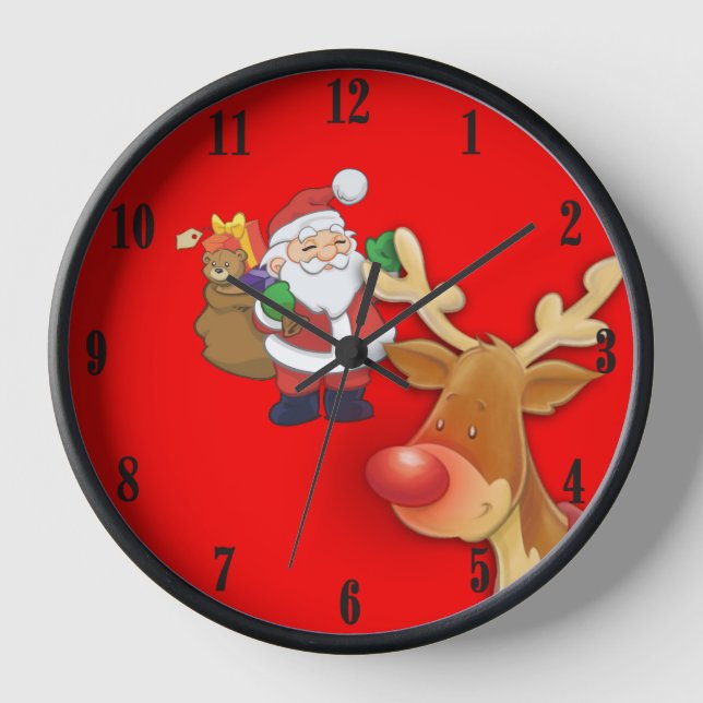 Weihnachtsmann und Rudolph Weihnachts-Rote Mauer-U Wanduhr (Vorderseite)
