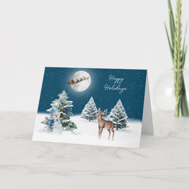 Weihnachtsmann und Schlitten Hirsch im Mondlicht Karte (Vorderseite)