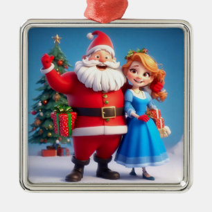 Weihnachtsmann und Schneemädchen feiern Weihnachte Ornament Aus Metall