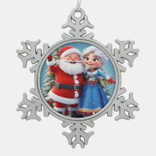 Weihnachtsmann und Schneemädchen feiern Weihnachte Schneeflocken Zinn-Ornament