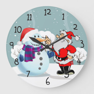 Weihnachtsmann und Schneemann Große Wanduhr