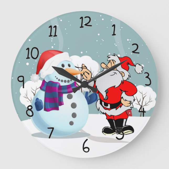 Weihnachtsmann und Schneemann Große Wanduhr (Vorderseite)