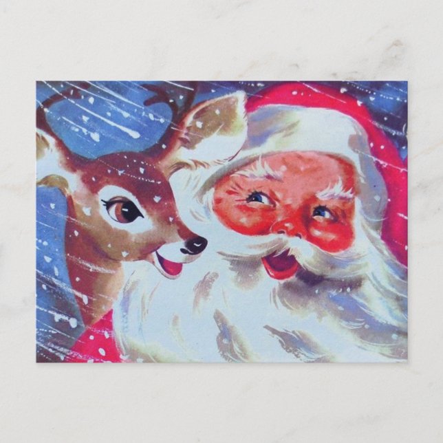 Weihnachtsmann und sein Reindeer Vintage Weihnacht Postkarte (Vorderseite)
