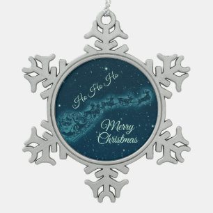 Weihnachtsmann und seine Rentiere Weihnachtsabend  Schneeflocken Zinn-Ornament