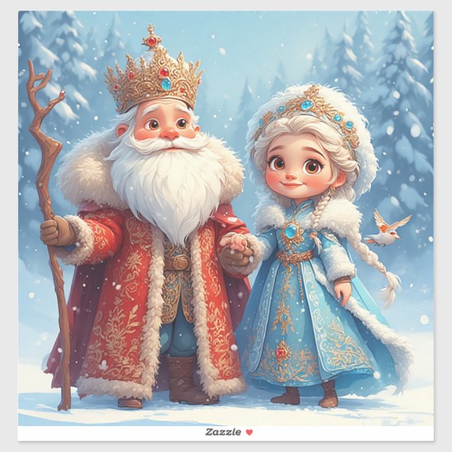 Weihnachtsmann und Snow Maiden feiern Weihnachten Aufkleber (Blatt)