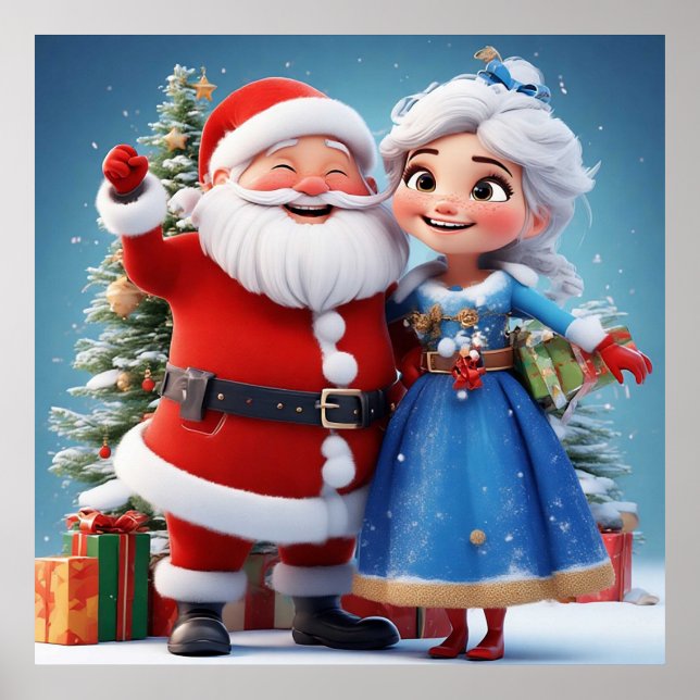 Weihnachtsmann und Snow Maiden feiern Weihnachten Poster (Vorne)