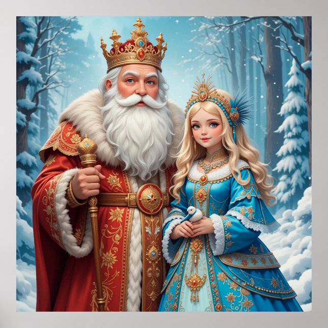 Weihnachtsmann und Snow Maiden feiern Weihnachten Poster (Vorne)