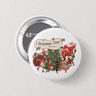 Weihnachtsmann und tanzende Kinder im Vintage-Stil Button